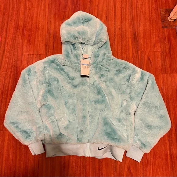 Nike Sportswear Womens Size M Copa Blue Essentials Faux Fur Jacket